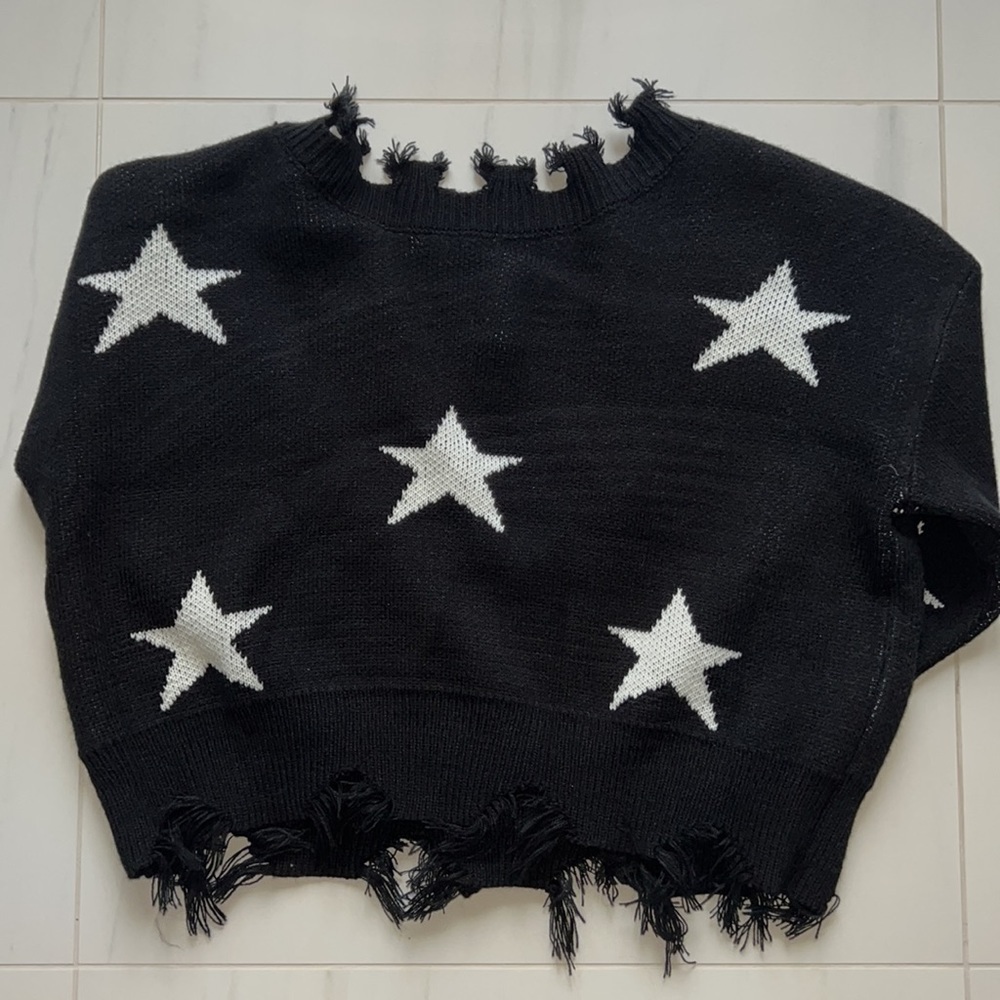 Black Zaful Distressed Sweater with White Star Pattern One Size - Picture 4 of 4